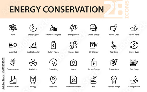 Power Efficiency Line Icon Pack. Modern Professional Collection of Sustainable Energy Vector Symbols for Business Growth and Global Economy