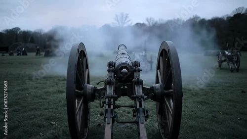 American Civil War Cannon firing smoke on battlefield; historical artillery