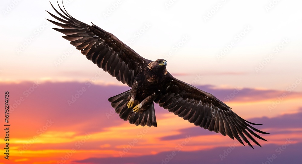 Fototapeta premium Aigle majestueux plane gracieusement ciel coucher soleil lumineux. AI Generated