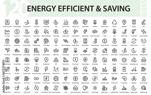Energy Saving Line Icon Set. Professional Modern Collection of Minimal Power Efficiency Vector Icons for Sustainable Business and Green Economy