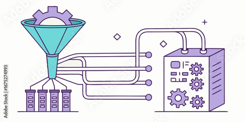 Automated process flow from input funnel to output machine with gears and tubes