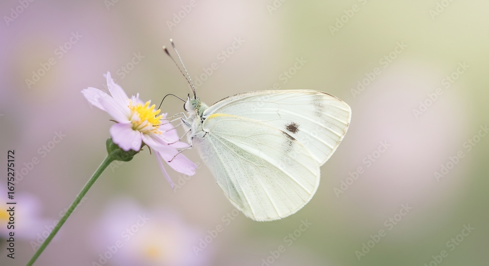 Naklejka premium Papillon blanc d�licat pos� doucement sur fleur pastel lumi�re douce matinale. AI Generated