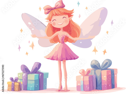 Whimsical watercolor illustration of a joyful fairy with outstretched wings surrounded by colorful gift boxes and sparkling magic