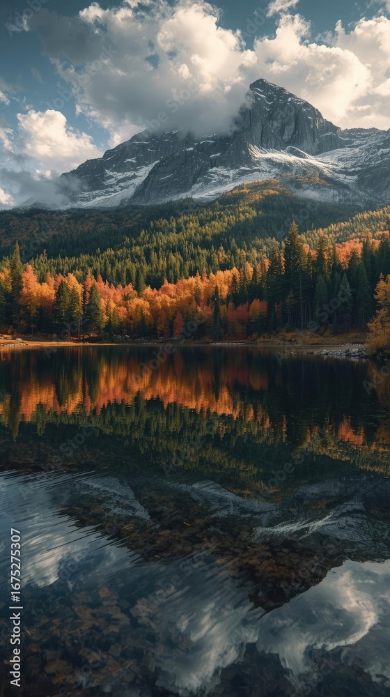 Fototapeta premium Autumn mountain lake reflection with colorful trees and clouds
