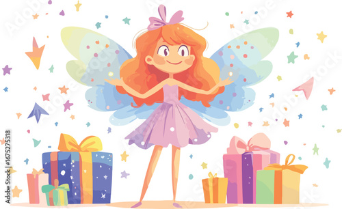 Whimsical watercolor fairy with rainbow wings and gifts celebrating a magical birthday party event