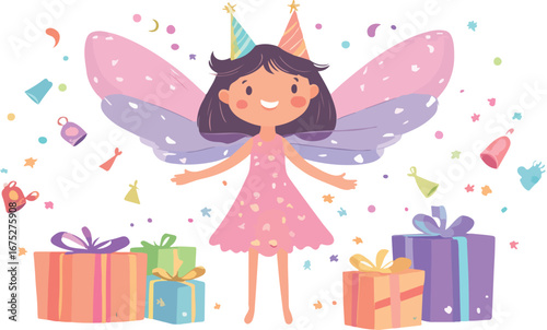 Joyful little fairy with sparkly wings and party hat surrounded by colorful gifts and confetti celebrating a special occasion
