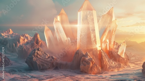 Giant diamond crystal mountain glowing under sunlight, fantasy surreal landscape.