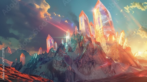 Giant diamond crystal mountain glowing under sunlight, fantasy surreal landscape.