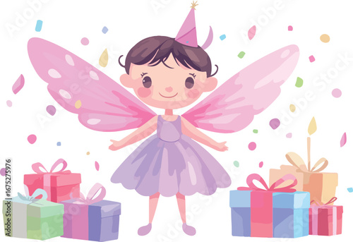 Adorable watercolor fairy wearing a pink party hat and dress surrounded by colorful birthday gifts and confetti