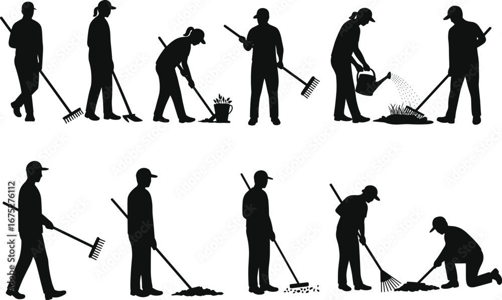 Obraz premium Silhouettes of people gardening, raking leaves, watering plants, outdoor yard work, seasonal garden care, landscape maintenance, cleaning tools, spring garden activities, yard cleanup, teamwork.