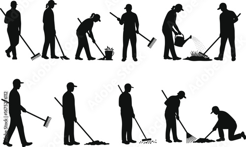 Silhouettes of people gardening, raking leaves, watering plants, outdoor yard work, seasonal garden care, landscape maintenance, cleaning tools, spring garden activities, yard cleanup, teamwork.