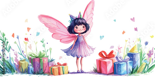 Charming watercolor illustration of a cute fairy with pink wings surrounded by colorful birthday presents and delicate wildflowers