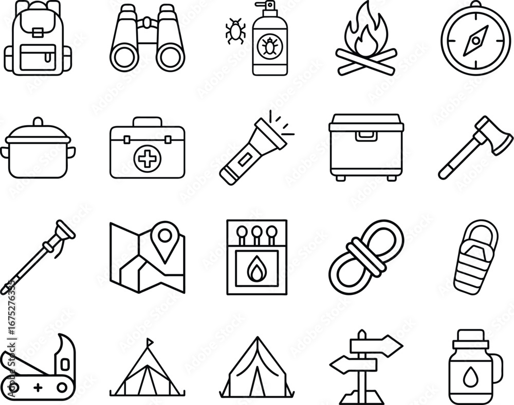 Obraz premium Camping and outdoor adventure line icons with gear tools fire and navigation symbols - Collection of camping and outdoor adventure line icons featuring backpack, tent, fire, compass, rope, flashlight 