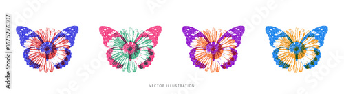 Trendy butterfly and daisy overlapping effect on white background. Halftone or dotwork. Retro photocopy effect icon set. Vector illustration