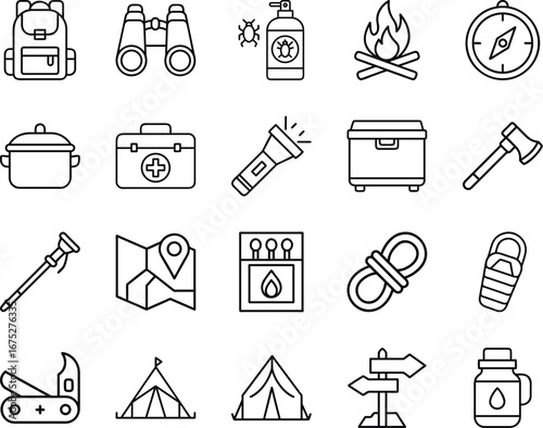 Camping and outdoor adventure line icons with gear tools fire and navigation symbols - Collection of camping and outdoor adventure line icons featuring backpack, tent, fire, compass, rope, flashlight
