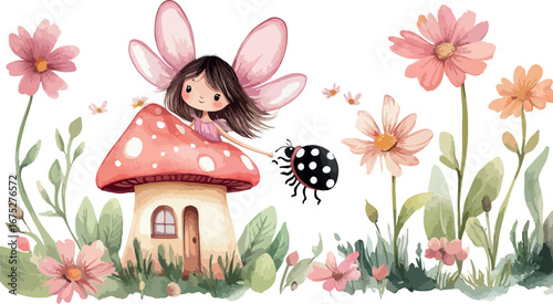 Whimsical watercolor illustration of a cute fairy with pink wings sitting on a mushroom house holding a ladybug