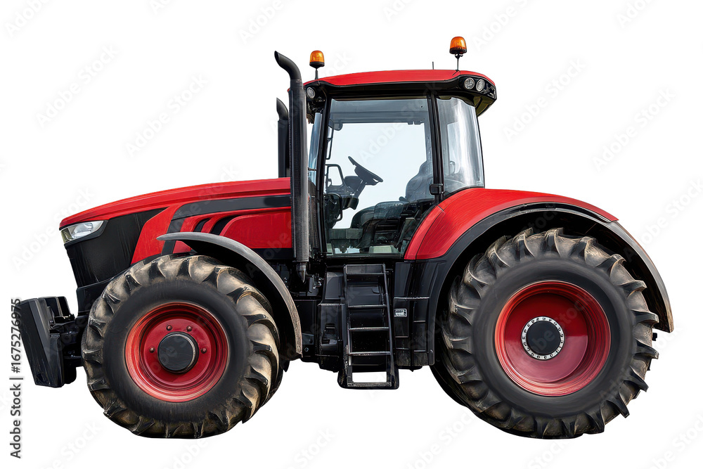 Obraz premium Heavy-duty red tractor showcasing powerful design and advanced features in agricultural landscape, captured during bright daylight