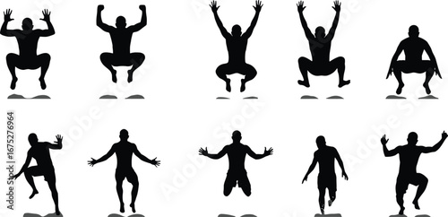 Silhouette athletes jumping running leaping, dynamic motion energy, sports training fitness action, airborne movement shadow, active lifestyle performance outdoor exercise concept