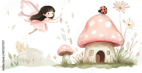 Whimsical watercolor illustration of a cute fairy flying towards a charming mushroom house with a ladybug on top
