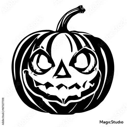Black and white vector silhouette of a Halloween pumpkin on white background