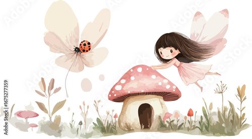 Whimsical watercolor illustration of a cute fairy with butterfly wings sitting near a mushroom house surrounded by delicate flowers and plants