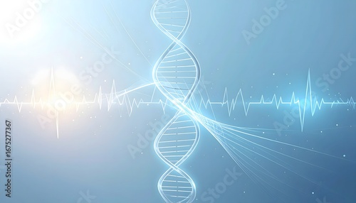 A luminous DNA double helix intertwined with a vibrant heartbeat waveform, symbolizing the fusion of genetic science, medicine, and futuristic technology on a blue background