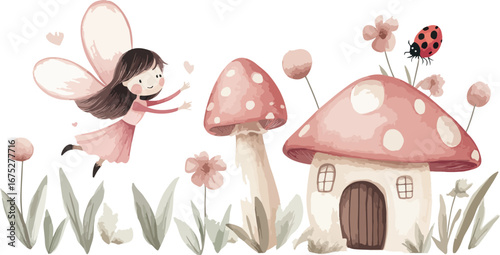 Enchanting watercolor illustration of a fairy flying near a charming mushroom house and pink toadstools