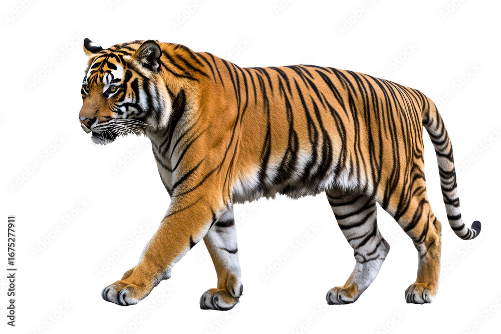 Naklejka premium Majestic tiger walking confidently through its natural habitat, showcasing striking orange and black stripes under a bright sky
