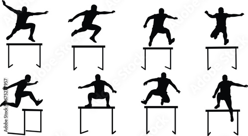 Silhouette, athlete, hurdle, jump, running, track, field, sport, competition, motion, action, agility, performance, race, fitness, speed, training, dynamic, movement, balance