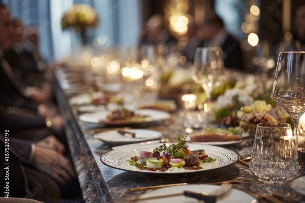 Fototapeta premium Elegant executive Christmas dinner with gourmet plate and formal atmosphere