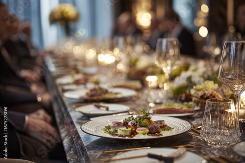 Elegant executive Christmas dinner with gourmet plate and formal atmosphere