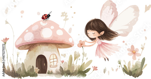 Whimsical watercolor illustration of a gentle fairy with delicate wings tending to a charming mushroom house adorned with a ladybug