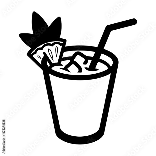 Black cocktail glass with fruit and straw with transparent background