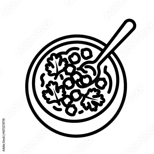 Bowl of cereal with spoon in black outline style