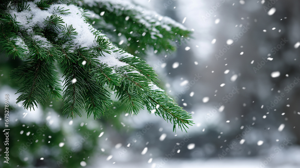 Obraz premium Close-up of snowy pine tree branches with falling snowflakes in winter forest. 