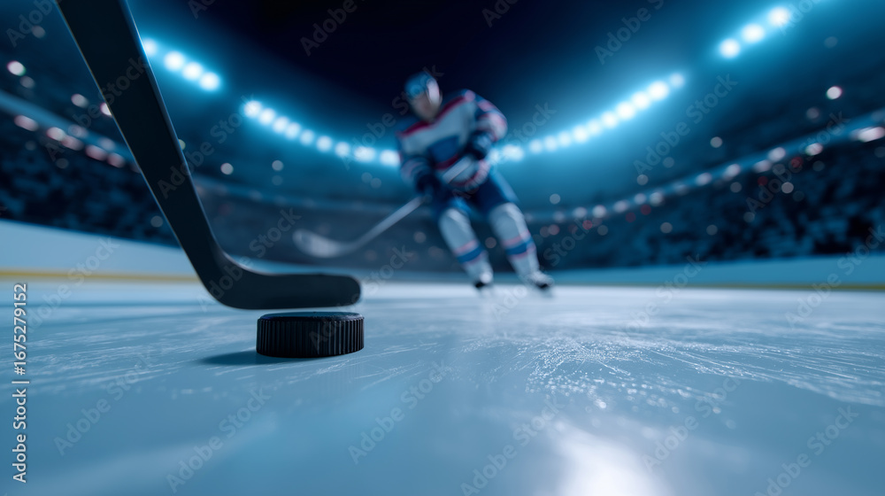 Fototapeta premium Close-up of hockey stick and puck on ice rink with player approaching in background. 