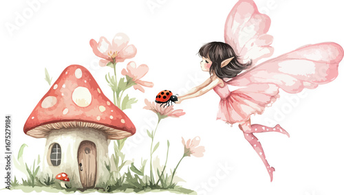 Enchanting watercolor illustration of a delicate fairy with pink wings gently holding a ladybug near a whimsical mushroom house