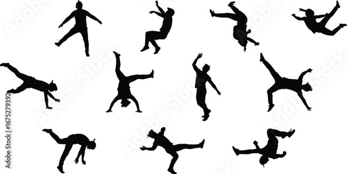 Silhouette, people, jumping, flipping, acrobatics, dance, performance, movement, agility, athletic, pose, choreography, sport, flexibility, motion, energy, fitness, action, dynamic, balance