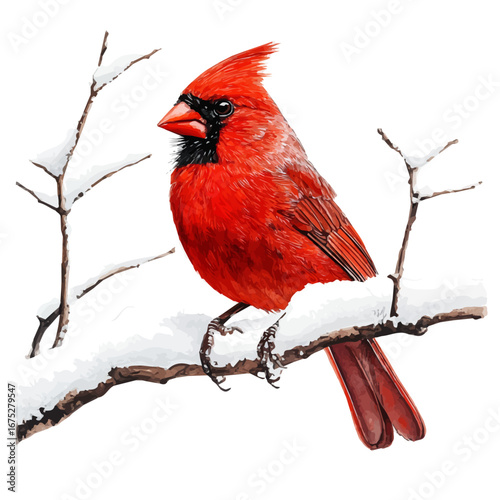 watercolor vector of Red Cardinal On Snow Branch, isolated on a white background.