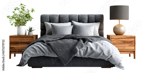 Cozy modern bedroom setup with plants and lamps