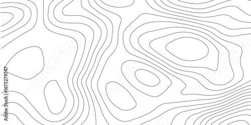 Abstract contour map seamless pattern showing geographic topographic terrain relief, mountain elevation lines, black and white design, paper mapping texture illustration.