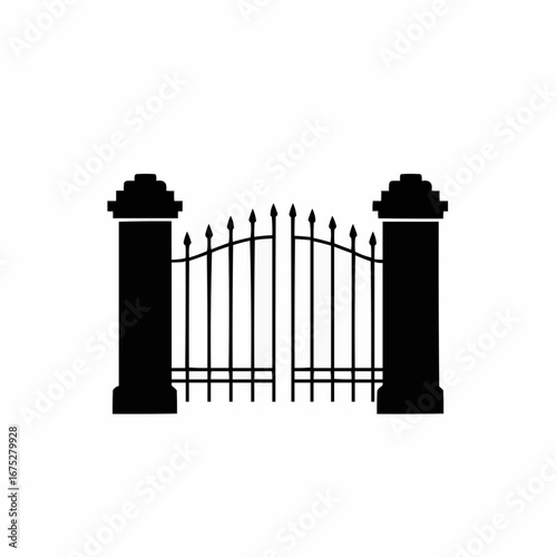 Ornate gate with stone pillars in black silhouette style for Halloween  