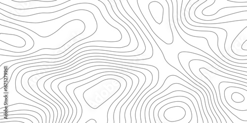 Abstract contour map seamless pattern showing geographic topographic terrain relief, mountain elevation lines, black and white design, paper mapping texture illustration.