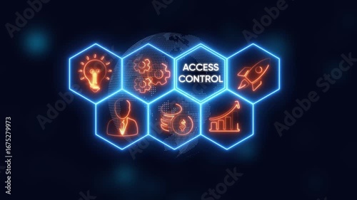 Access Control Concept with Neon Icons and Digital Globe on Dark Background security authorization