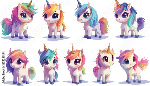 Collection of adorable kawaii style baby unicorns with rainbow manes and tails in various poses