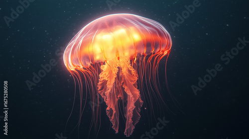 Luminous orange jellyfish with long tentacles floats gracefully in the dark deep ocean, emitting a soft glow.