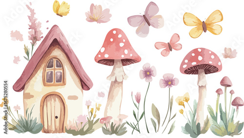 Enchanting watercolor illustration of a whimsical fairy house surrounded by magical mushrooms and delicate butterflies
