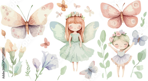 Enchanting watercolor illustration of a fairy princess surrounded by delicate butterflies and soft floral elements
