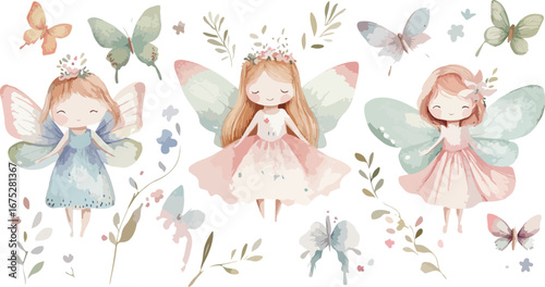 Whimsical watercolor illustration of three adorable fairies with delicate wings and floral accents surrounded by fluttering butterflies and foliage