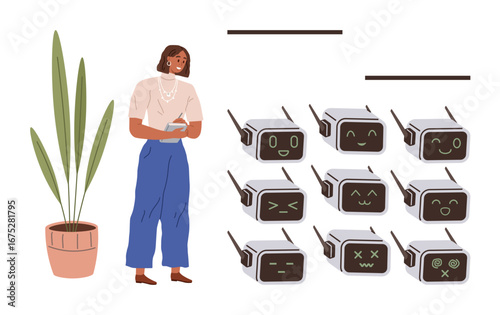 Pensive woman holding notebook, observing group of robots with emotive facial expressions. Ideal for AI, robotics, human-technology interaction, innovation, futurism, gadget design, creativity